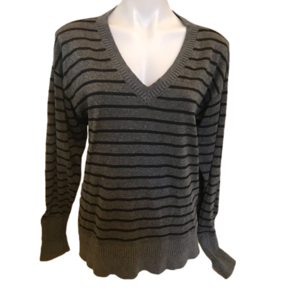 DKNY Jeans Grey Long Sleeve Striped V Neckline Sweater